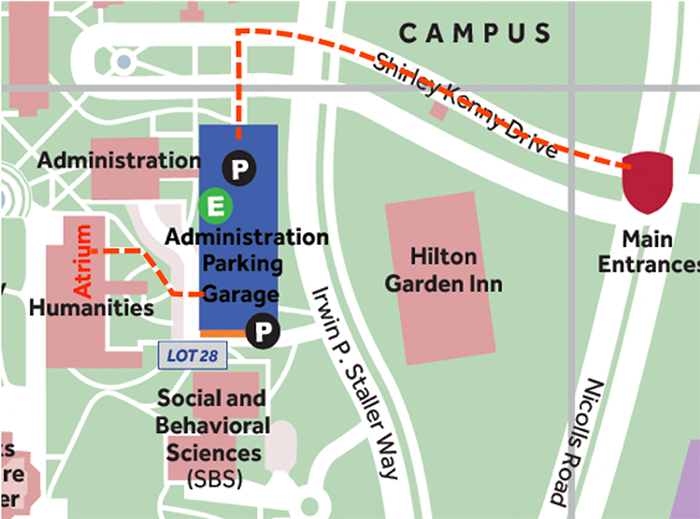 An image that shows Stony Brook's administration garage in relation to the campus' main entrance