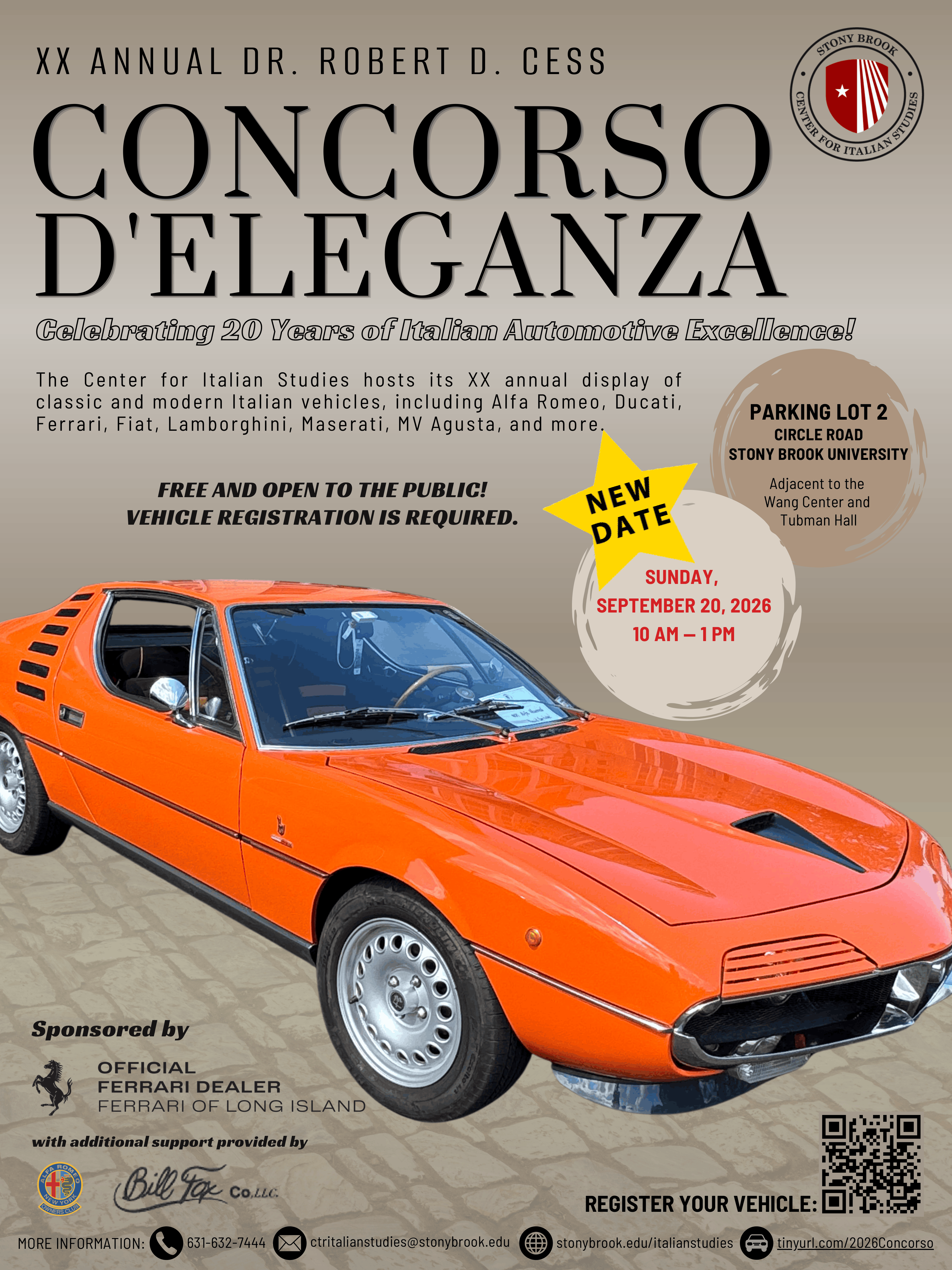flyer advertising the 2026 Concorso d'Eleganza. It showcases a bright orange car. Information on the flyer is the same as what's on the site