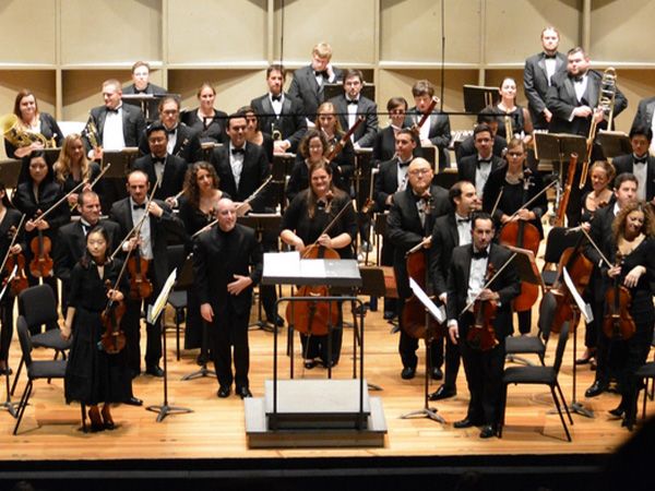 Stony Brook Symphony Orchestra bowing.